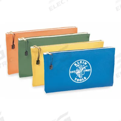 KLEIN TOOLS Tool Bag Set: 12 1/2 in W x 3/4 in D x 7 in H, Blue/Olive/Orange/Yellow - Canvas Flat Zippered Tool Bag Sets