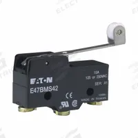EATON Snap Action Switch: Roller Lever Actuator, SPDT, Screw Terminals (MPN E47BMS42). Key specifications — AC Contact Rating: 15 A @ 250 V; Electrical Connection: Screw Terminals; Series: E47; Brand: EATON.