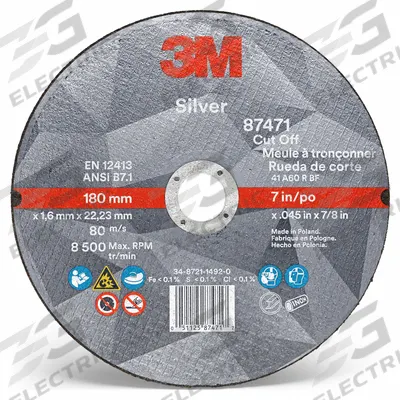 3M Abrasive Cut-Off Wheel: Type 1, 7" x 0.045" x 7/8", Ceramic, 60 Grit - Cool-Cutting Cut-Off Wheels for Carbon & Stainless Steel