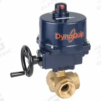 DYNAQUIP CONTROLS Electrically Actuated Three-Way Ball Valve: 2 in, Brass, 120V AC, L Flow (MPN EYHG8AUE07). Key specifications — Included Mounting: ISO 5211 Actuator Mounting Pad; Brand: DYNAQUIP CONTROLS; Actuator Features: Manual Override.