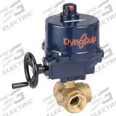 DYNAQUIP CONTROLS Electrically Actuated Three-Way Ball Valve: 2 in, Brass, 120V AC, L Flow (MPN EYHG8AUE07). Key specifications — Included Mounting: ISO 5211 Actuator Mounting Pad; Brand: DYNAQUIP CONTROLS; Actuator Features: Manual Override.