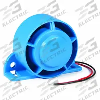 GROTE Vehicle Backup Alarm: Self-Adjusting, Tonal, 107 dB Max Sound Level, 12-24V DC, 2 in Lg, Blue (MPN 73240). Key specifications — Alarm Tone Type: Tonal; Mount Type: Grommet; Connector Type: Blunt Cut Wire; Brand: GROTE; SAE Type Rating: Type F; Operating Voltage: 12-24V DC.