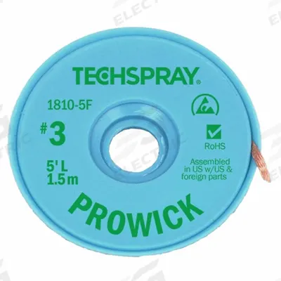 TECHSPRAY Desoldering Braid: Rosin Flux, # 3, 0.075 in, 5 ft, Green - Rosin Flux Desoldering Braids