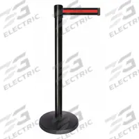 QUEUEWAY Barrier Post with Belt: Red, Horizontal Stripe, No Legend, 10 ft Belt Lg, Black (MPN QPLUS-33-S2). Key specifications — Base Material: ABS; Belt Color: Red; Brand: QUEUEWAY; Post Material: Metal Alloy; Post Color: Black; Message: No Legend.
