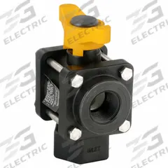 BANJO Manual Three-Way Ball Valve: 1 in, Polypropylene, L Flow, FNPT x FNPT x FNPT, Three-Piece (MPN V100BL). Key specifications — Brand: BANJO; Handle: Lever.
