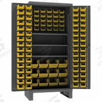 DURHAM MFG Bin Cabinet: 36 in x 24 in 78 in, 3 Shelves, 108 Bins, Yellow, Flush, 12 ga Panel, Gray (MPN HDC36-108-3S95). Key specifications — Bin Color: Yellow; Bin HxWxD: (12) 8 in x 15 in x 7 in; Assembled: Assembled; Cabinet Style: Shelf and Bin; Brand: DURHAM MFG; Cabinet Color: Gray; Cabinet Finish: Powder Coated; Cabinet Material: Steel.