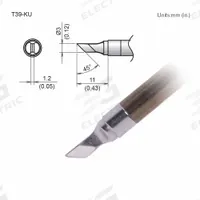 HAKKO Soldering Tip: T39 Series, Knife, 3 mm W, 11 mm Lg (MPN T39-KU). Key specifications — Brand: HAKKO; Compatible Handpiece Manufacturer Model Number: FX-9701; Manufacturer Part Number: T39-KU.