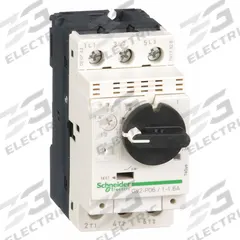 SCHNEIDER Manual Motor Starter: Non-Reversing, 3 Poles, 1.6 A, Thermal Protection, Selector Switch (MPN GV2P06). Key specifications — Maximum Voltage Rating: 600V AC; Brand: SCHNEIDER; Thermal Units Required: None (Starter Includes Integrated Thermal Units); Frame Size (Width): 45mm.