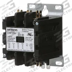SIEMENS Definite Purpose Contactor: 3 Poles, 277V AC, 30 A, Non-Reversing, Std Contactor Frame Size (MPN 42BF35AL). Key specifications — Brand: SIEMENS; Coil Voltage: 240/277V AC; Mounting Style: Surface; Terminal Connection Type: Quick Disconnect and Screw/Box Lug; Maximum Voltage Rating: 600V AC; Series: 42 Series; Phase: Three; Main Pole Contact Form: 3NO.