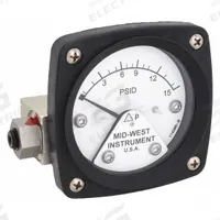 MIDWEST INSTRUMENT Differential Pressure Gauge: Back, 1/4 in NPT Female, ±3-2-3% Gauge Accuracy, 120 (MPN 120-AA-00-OO-15P). Key specifications — Sensor Type: Piston; Series: 120; Housing Material: Aluminum; Certificate of Calibration: Not Included; Gauge Accuracy: ±3-2-3%.