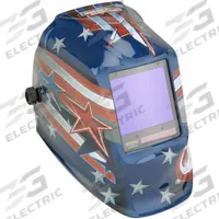 LINCOLN ELECTRIC Welding Helmet: Auto-Darkening, 4 Arc Sensors, Blue/Red/White, American Flag (MPN K3175-4). Key specifications — Color: Blue/Red/White; Suspension Adjustment Type: Ratchet; Series: Viking 3350; Graphics: American Flag; Viewing Area: 3.74 in x 3.34 in; Brand: LINCOLN ELECTRIC; Grind Mode: Yes; Helmet Material: Nylon.