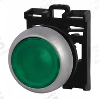 EATON Flush Push Button: Green, 22 mm Mounting Size, Non-Metallic, Momentary (MPN M22-DL-G). Key specifications — Brand: EATON; Action: Momentary; Series: M22; Push Button Material Type: Non-Metallic.