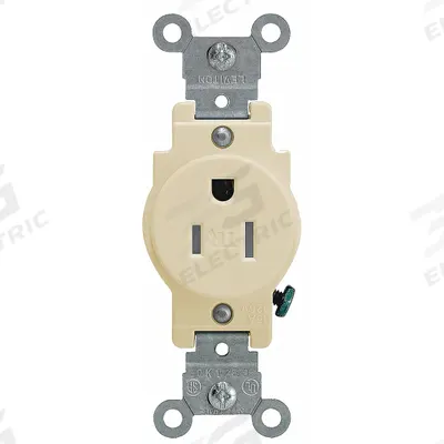 LEVITON Receptacle: Single, 5-15, Ivory, 125V AC, 15 A, 2 Pole / 3 Wire (MPN T5015-I) - General Purpose Receptacles