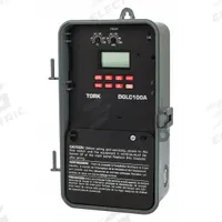 TORK Electronic Timer: 7 day, Astronomic, 120-277V AC, DPDT, Digital (MPN DGLC100A-NC). Key specifications — Body Material: Plastic; Indoor/Outdoor Usage: Outdoor; Astronomic Functionality: Astronomic; Mounting Style: Surface; Brand: TORK.