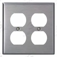 LEVITON Wall Plate: Duplex Outlet, 2 Gang, Midsize Size (MPN SSJ82-40). Key specifications — Brand: LEVITON; Material: Stainless Steel.