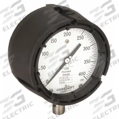 ASHCROFT Process Pressure Gauge: 0 psi to 400 psi, White, 4 1/2 in Dial, 1/2 in NPT Male, Bottom (MPN 451259SD04L400#). Key specifications — Brand: ASHCROFT; Pointer Color: Black; Accuracy: ±0.5%; Dial Color: White; Gauge Wetted Parts: Stainless Steel; Case Material: PBT; Vibration Resistance Properties: None; Pressure Range: 0 psi to 400 psi.