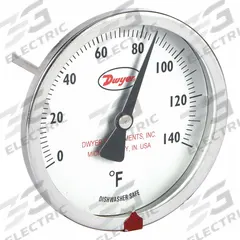 DWYER Clip On Dial Thermometer: 0°F to 140°F, +/- 2% Accuracy, 8 in Stem Lg, Fahrenheit (MPN CBT380111). Key specifications — Accuracy: +/- 2%; Brand: DWYER; Temperature Units: Fahrenheit.