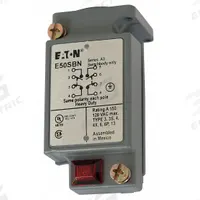 EATON Limit Switch Body: EN50041 Body, 2 Mounting Holes, 2NO/2NC, Metallic (MPN E50SBN). Key specifications — Compatible with Series: E50; Brand: EATON; Indicating Light: Neon; Body Material Type: Metallic.