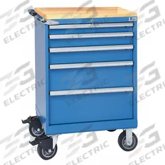 LISTA Modular Drawer Cabinet: 28 1/4 in x 22 1/2 in x 43 1/4 in, 5 Drawers, Tubular, Adj Dividers (MPN ST07-0602AB-MBKABB). Key specifications — Cabinet Color: Bright Blue; Frame Assembled: Assembled; Base Type: Casters; Drawer Inside Height: (2) 3 in; Drawer HxWxD: (2) 3 in x 24 in x 18 in; Work Surface Material: Butcher Block; Drawer Handle Type: Tubular; Cabinet Material: Steel.