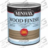 MINWAX Wood Stain: Wood Stain, Interior, Water, 1 qt Container Size, Wood, Classic Gray, Wood Finish (MPN 108200000). Key specifications — Brand: MINWAX; Transparency: Semi-Transparent; Use Location: Interior; Sub-Brand: Wood Finish; Color: Classic Gray.