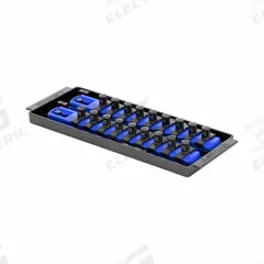ERNST MANUFACTURING Socket Organizer: Blue, 3 5/8 in Overall Wd, 18 Posts/Slots, Sockets (MPN 8556). Key specifications — attr1125333: (18) Socket Clips; attr1125346: ERNST MANUFACTURING; attr1125347: Blue; attr1136588: Sockets; attr1125364: Socket Bit Tray.