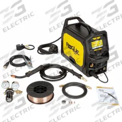 ESAB MIG Welder: Rogue EM 210 PRO, MIG Pack (MPN 0700301084). Key specifications — Input Voltage (Nominal) (Merch - Table Column, Filters): 230V; Max. Wire Diameter: 0.045 in (Flux-Cored); Rated Output at Duty Cycle (MIG) (Merch - Table Column, Filters): 82 A @ 60%.