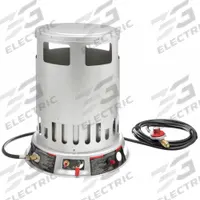 DAYTON Portable Gas Floor Heater: 200,000 BtuH Heating Capacity Output, 4,700 sq ft Heating Area (MPN 6BY74). Key specifications — Fuel Consumption: 9.28 lb/hr; Overall Dimensions - H x W x D: 26-3/16 in x 15-7/8 in x 15-7/8 in; Brand: DAYTON.