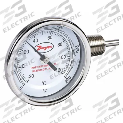 Dwyer Dial Thermometer: 0°F to 250°F /-20°C to 120°C, ±2%Full Scale Accuracy - Side- & Bottom-Mount Fixed-Angle Thread-Mount Dial Thermometers