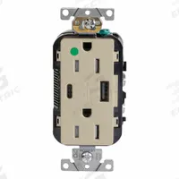 USB Receptacle: Duplex, 5-15R, USB Type A/C, Ivory, 125V AC, 15 A (MPN T5633-HGI). Key specifications — Brand: LEVITON.