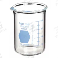 KIMBLE Colorware Beaker: 100 mL, 3.38 fl oz, A, Low Form, Type I, Blue, Borosilicate Glass (MPN 14000B-100). Key specifications — attr1371034: Type I; attr1371051: KIMBLE; attr1371062: Blue.
