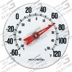 ACURITE Analog Panel Mount Thermometer: -60°F to 120°F /-50°C to 50°C, +/- 4°F, Wall/Window, +/- 4°F (MPN 00346A3). Key specifications — attr1273366: Dial; attr1273365: ACURITE.