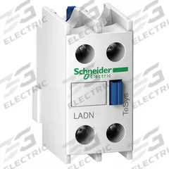 SCHNEIDER Auxiliary Contact Block: 2NC, 10 A Max Current (AC), Front Mount, Front-Mounted (MPN LADN02). Key specifications — Brand: SCHNEIDER; Compatible with Series: TeSys.
