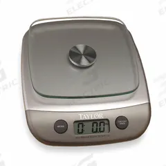 TAYLOR Food Scale: 6 in Weighing Surface Dp, 6 in Weighing Surface Wd, 2 in Overall Ht, LCD, 3800N10. Key specifications — Readability: 1 g/0.1 oz; Brand: TAYLOR; IP Rating: Not IP Rated.