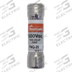 BUSSMANN Fuse: FNQ Series, Midget, Time-Delay, 20 A, 500 V AC, 13/32 in x 1 1/2 in, Non-Indicating (MPN FNQ-20). Key specifications — Series: FNQ; Brand: BUSSMANN.
