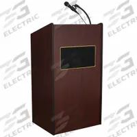 OKLAHOMA SOUND Sound Lectern: Mahogany, Includes Battery, Clip-On/Handheld, Laminate, 18 in Shelf Dp (MPN M6010-MY/LWM-7). Key specifications — Color: Mahogany; Brand: OKLAHOMA SOUND; Includes Battery: Yes; Material: Laminate; Sound System Included: Extension Speakers; Includes Document Rail: Yes.