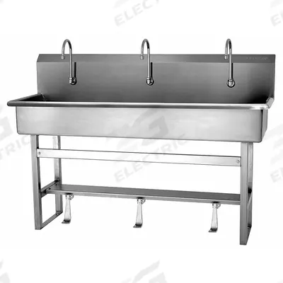 SANI-LAV Wash Station: 45 in Overall Ht, 57 in Bowl Lg, 8 in Bowl Dp, 2 gpm Flow Rate - Three-Station Freestanding Wash Stations with Faucets