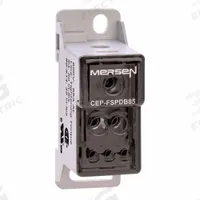 MERSEN Power Distribution Block: Finger-Safe, Lug, Lug, 14 AWG – 4 AWG For Line Side Wire Sizes (MPN CEP-FSPDB85). Key specifications — Mounting Type: DIN-Rail; Brand: MERSEN; For Conductor Material: Aluminum.
