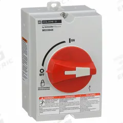 SQUARE D Enclosed Disconnect Switch: Non-Fusible, 30 A, Three Phase, 600V AC, Non-Metallic (MPN MD3304X). Key specifications — Environment: Indoor/Outdoor; Phase: Three; Handle Color: Red; Housing Material: Non-Metallic; Standards: UL Listed; Brand: SQUARE D; For Environment: Indoor Rated; Extra Features: Neutral Assembly.