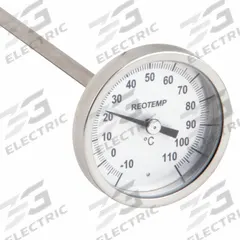 REOTEMP Soil Dial Thermometer: -10°C to 110°C, +/- 1% Accuracy, 12 in Stem Lg, Celsius (MPN HH1202C53PS). Key specifications — Accuracy: +/- 1%; Housing Material: Stainless Steel; Brand: REOTEMP; Temperature Units: Celsius.