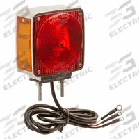 GROTE Stop/Turn/Tail Light: Incandescent, Stop, Turn, and Tail Combo Light, Amber/Red, Square, Stud (MPN 55340). Key specifications — Standards: FMVSS 108; Electrical Connection: Pigtail; Brand: GROTE; Installation Type: Permanent; Lens Color: Amber; Mount Type: Stud; Lighting Technology: Incandescent; Light Type: Stop, Turn, and Tail Combination Light.