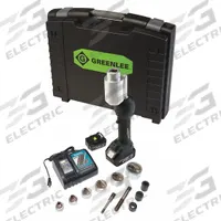 GREENLEE Knockout Tool Kit: 18V DC, 4 in Punching Capacity (Steel), For 10 ga Max. Steel Thick (MPN LS100X11SS). Key specifications — attr1256918: (1) 3/4 in Die; attr1256897: (2) 3.0 Ah; attr1303978: 2 Batteries, 1 Charger.
