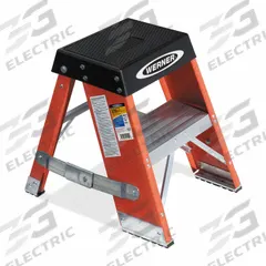 WERNER Step Stool: 2 Steps, 2 ft Overall Ht, 375 lb Load Cap, Fiberglass, 1.7 ft Standing Ht (MPN SSF02). Key specifications — Brand: WERNER; Color: Black.
