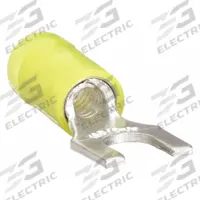 STA-KON Fork Terminals: Yellow, Nylon, 1/4 in Stud Size, 12 AWG – 10 AWG Wire Range, Std Fork, 600 V (MPN RC10-14F). Key specifications — Barrel Style: Insulation Grip; Manufacturer Part Number: RC10-14F; Brand: STA-KON; Series: RC1163.