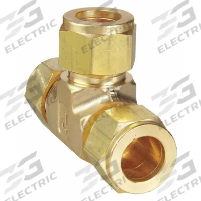 PARKER Compression Tee Fitting: 1/4 in OD x 1/4 in OD x 1/4 in OD Size, Brass - Single-Ferrule Brass Compression Fittings