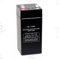 APPROVED VENDOR Sealed Lead Acid Battery: 4V DC, 4.5 Ah Capacity, 4.12 in Ht, 1.85 in Wd, 1.85 in Dp (MPN 47026). Key specifications — Terminal Connection: 0.250 in Faston; Battery Cycle Type: Dual Purpose; Brand: APPROVED VENDOR; Housing Material: ABS.