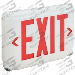 Exit Sign with Emergency Lights: White, 1 or 2 Faces, Red, LED, Ceiling/Wall, Lithium Iron Phosphate (MPN EVCURWDI). Key specifications — Voltage: 120/277V AC; Self Diagnostics: Yes; Housing Color: White; Brand: DUAL-LITE; Directional Indicators: Universal Field Selectable Chevrons; Lighting Technology: LED; Remote Capable: No; Text Color: Red.