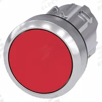 SIEMENS Flush Push Button: Red, 22 mm Mounting Size, Metallic, Maintained (MPN 3SU1050-0AA20-0AA0). Key specifications — Brand: SIEMENS; Action: Maintained; Series: 3SU; Push Button Material Type: Metallic.