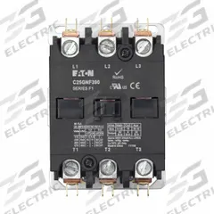 EATON Definite Purpose Magnetic Contactor: 3 Poles, 208-240V AC, 90 A, Non-Reversing (MPN C25GNF390B). Key specifications — Brand: EATON; Coil Voltage: 208-240V AC; Contactor Style: HVACR Definite Purpose Contactor; Frame Size: G; Terminal Connection Type: Quick-Disconnect Terminals; Maximum Voltage Rating: 690V AC; Series: C25 Series; Phase: Three.