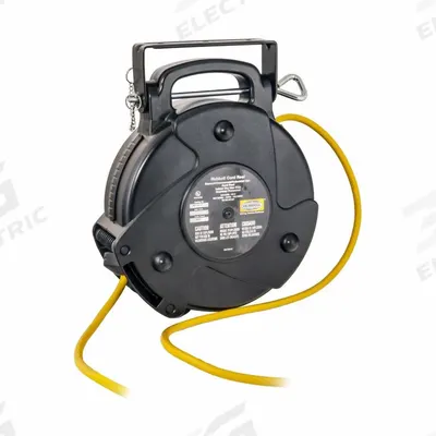 HUBBELL WIRING DEVICE-KELLEMS Extension Cord Reel: Ratchet Lock, 40 ft Cord Lg, 12 AWG, SJTW - Hardwired Self-Retracting Cord Reels