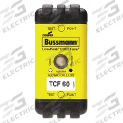 BUSSMANN Fuse: Class CF, TCF Series, Time-Delay, 60 A, 600 V AC, 300 V DC, Indicating (MPN TCF60). Key specifications — Brand: BUSSMANN; Series: TCF.